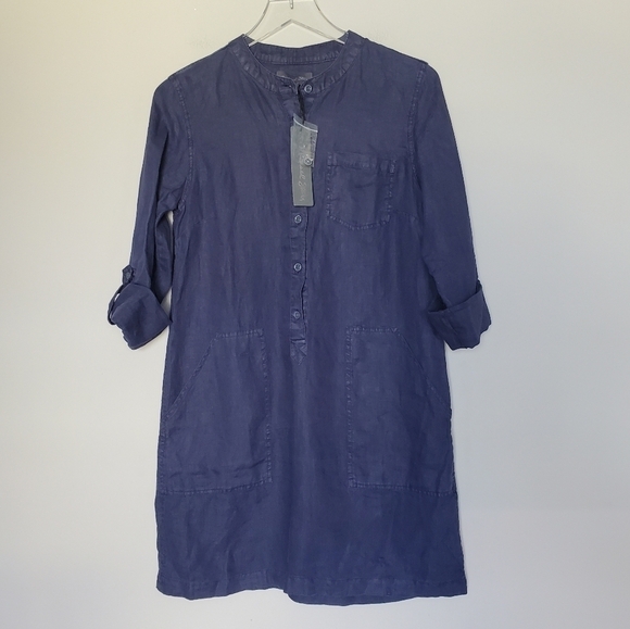 Michael Stars Molly Linen Mini Shirt Dress Pull On Navy Blue Long Sleeve NWT - Picture 2 of 12